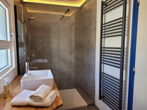Shower, hair dryer, towels
