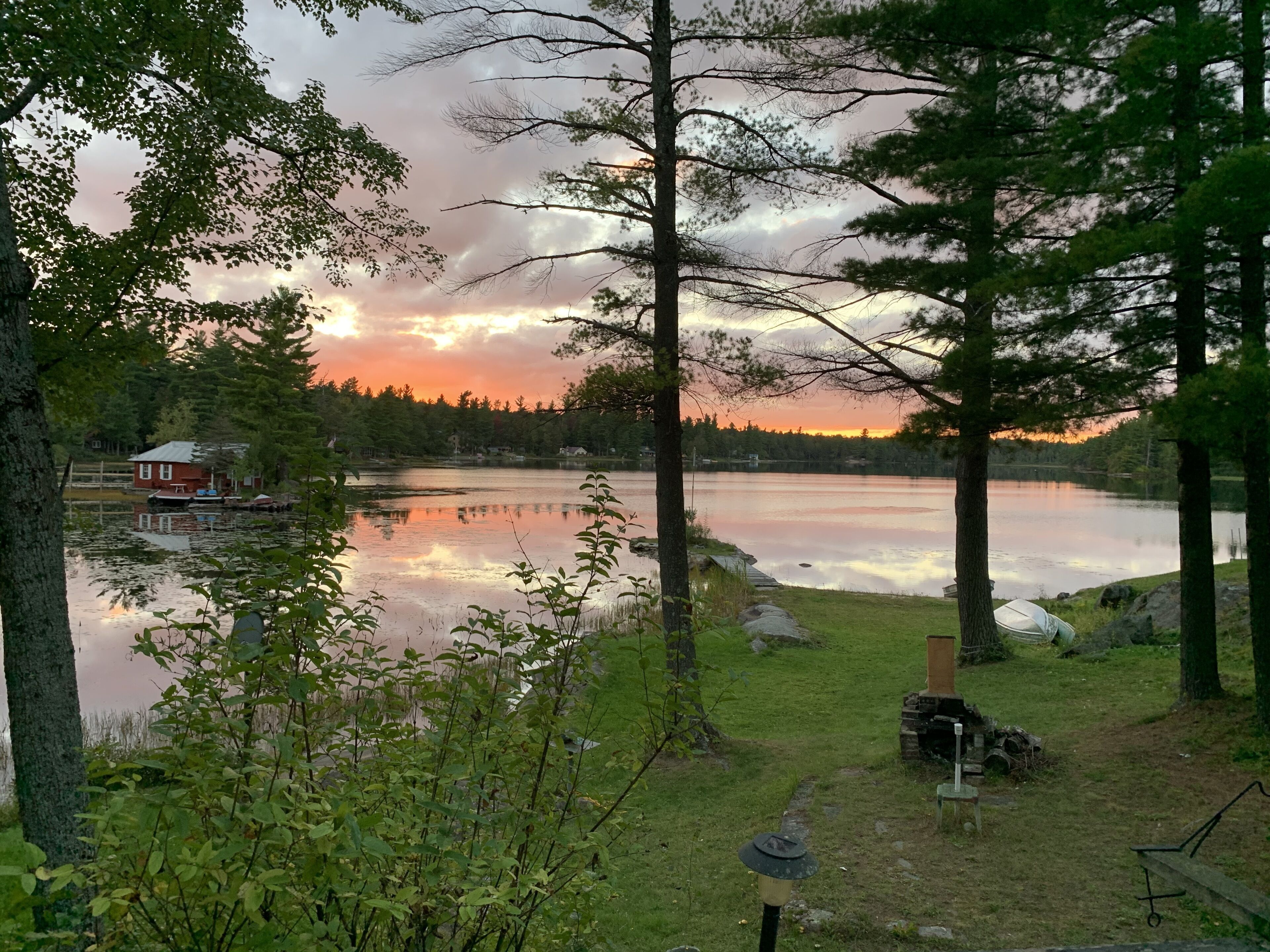 A lakeside cabin with a dock, surrounded by trees and a grassy area.