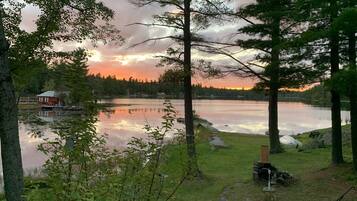 A lakeside cabin with a dock, surrounded by trees and a grassy area.