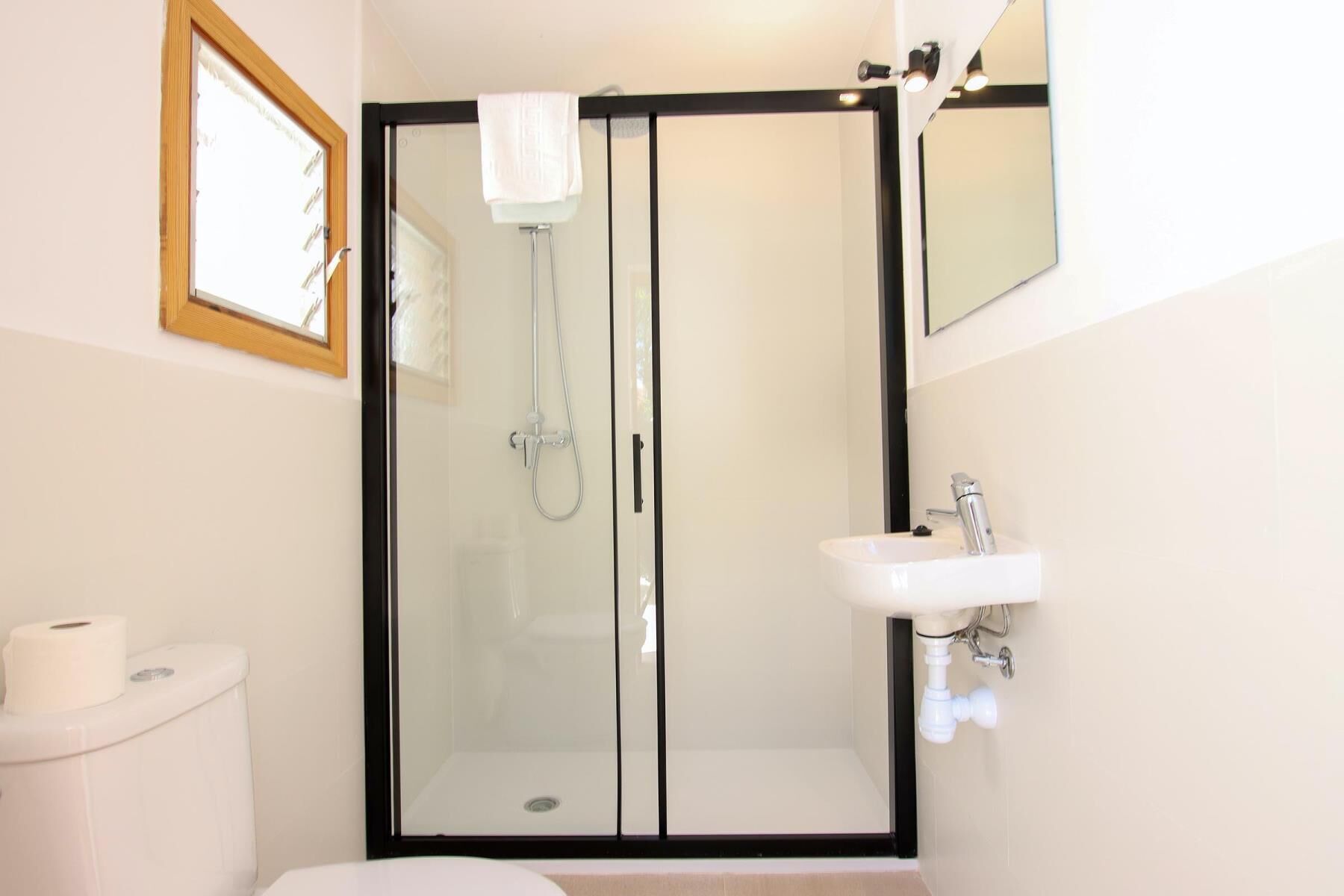 A modern bathroom with a glass-enclosed shower, a white sink, and a toilet.