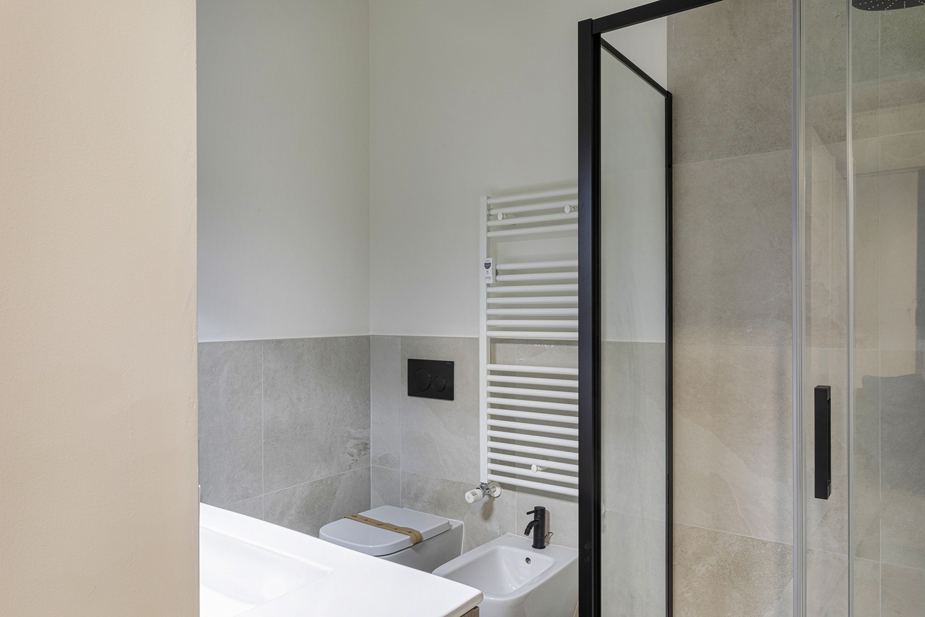 A modern bathroom with a glass shower enclosure, a white sink, and a toilet.