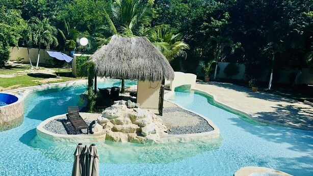 A swimming pool with a thatched-roof structure, lounge chairs, and a small island with rocks.