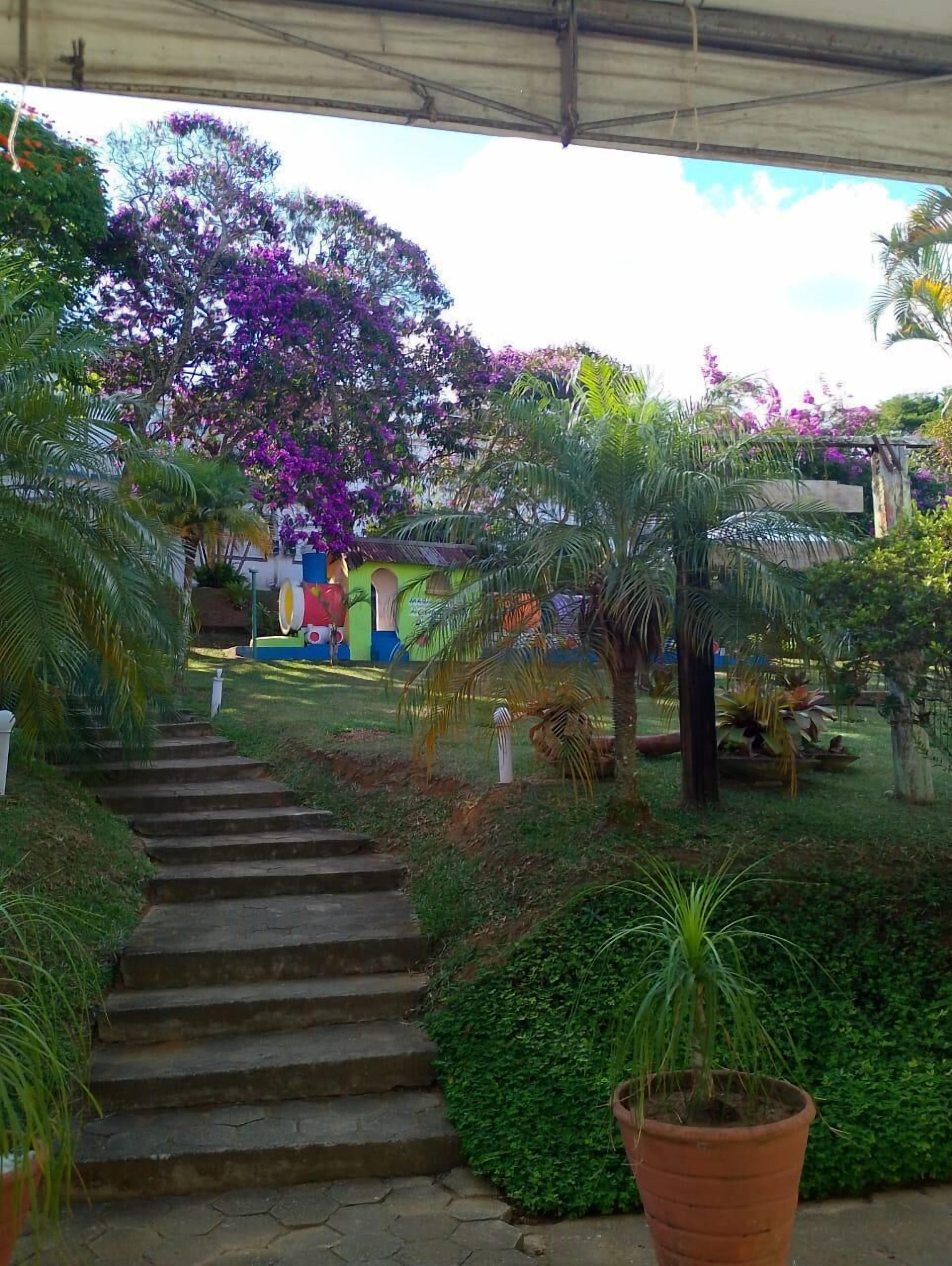 A garden with a stone staircase leading to a colorful building.