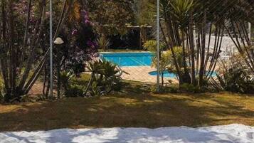 Zona de piscina con un primer plano arenoso, rodeada de diversas plantas tropicales y una piscina azul cristalina.