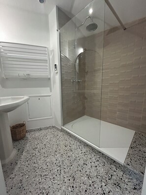 Shower, hair dryer, towels, toilet paper