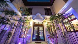 A building entrance with a dark door, surrounded by tall plants and illuminated by ambient lighting.