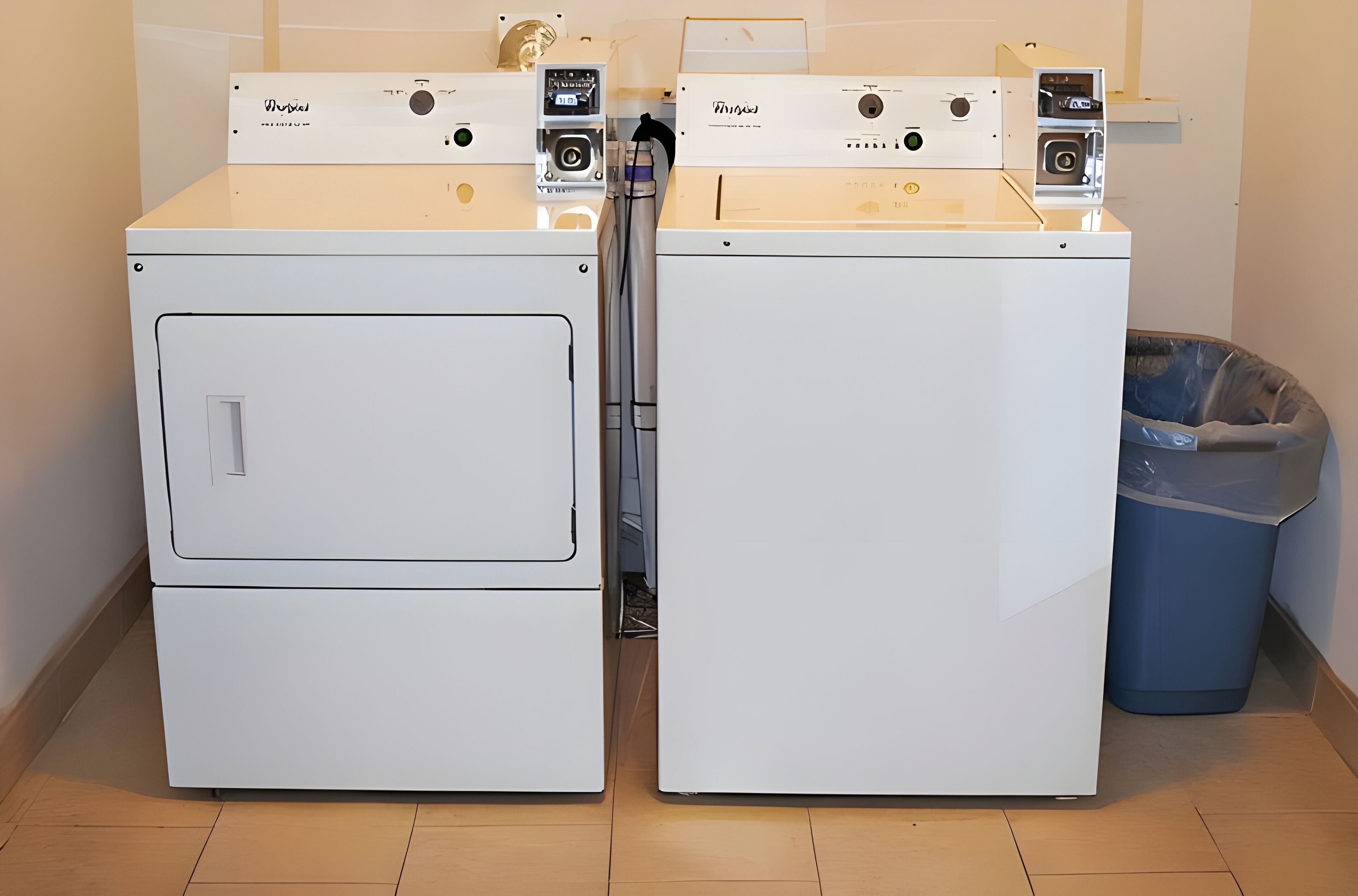 Two stacked front-loading washing machines with control panels, a blue trash bin, and a tiled floor.