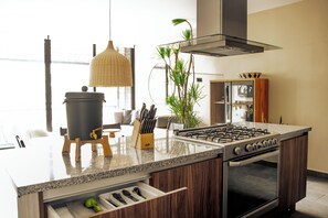 Apartamento exclusivo | Cocina privada | Frigorífico, microondas, horno y placa de cocina