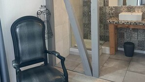 A bathroom with a shower, a sink, and a chair. - GITE VAUBAN NEUF-BRISACH (NEUF BRISACH)