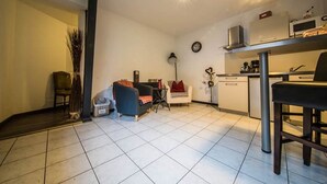 A compact living space with a kitchenette, a dining area, and a seating area with a sofa and armchairs. - Saint Martin Guesthouse LE Vauban (NEUF BRISACH)