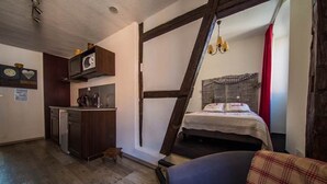 A compact room with a kitchenette, a bed, and a small seating area. - Briancon Guesthouse LE Vauban (NEUF BRISACH)