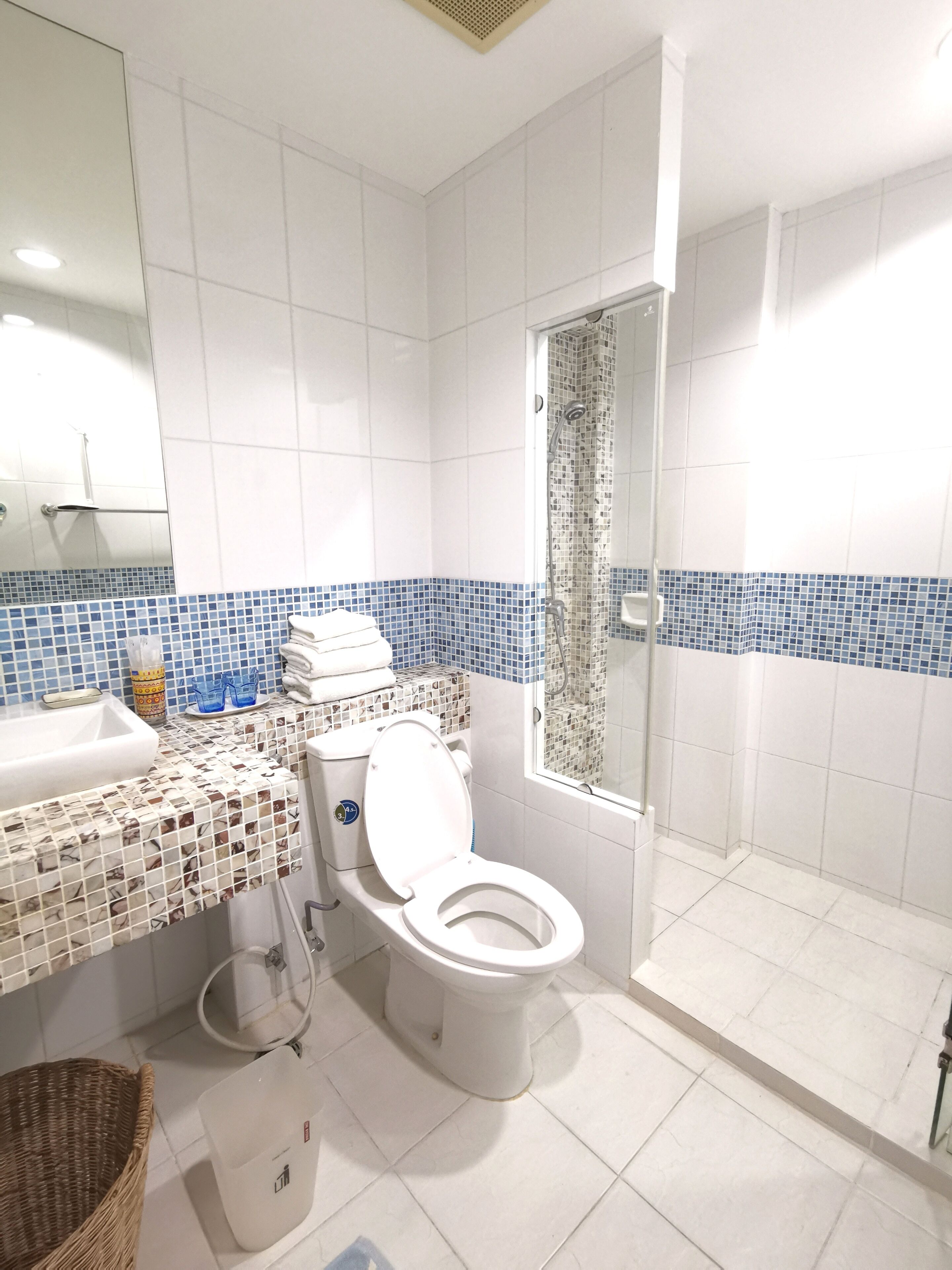 Ein Badezimmer mit Toilette, Waschbecken und Duschbereich.