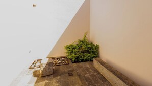 A narrow outdoor corridor with a white wall on one side and a beige wall on the other. There is a small green bush in the corner and a stone bench with a metal grate in the center. - Casa un Solo Piso, 2 min Hospital Real San Lucas (Tepatitlán de Morelos)