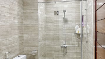 Shower, hair dryer, towels, soap