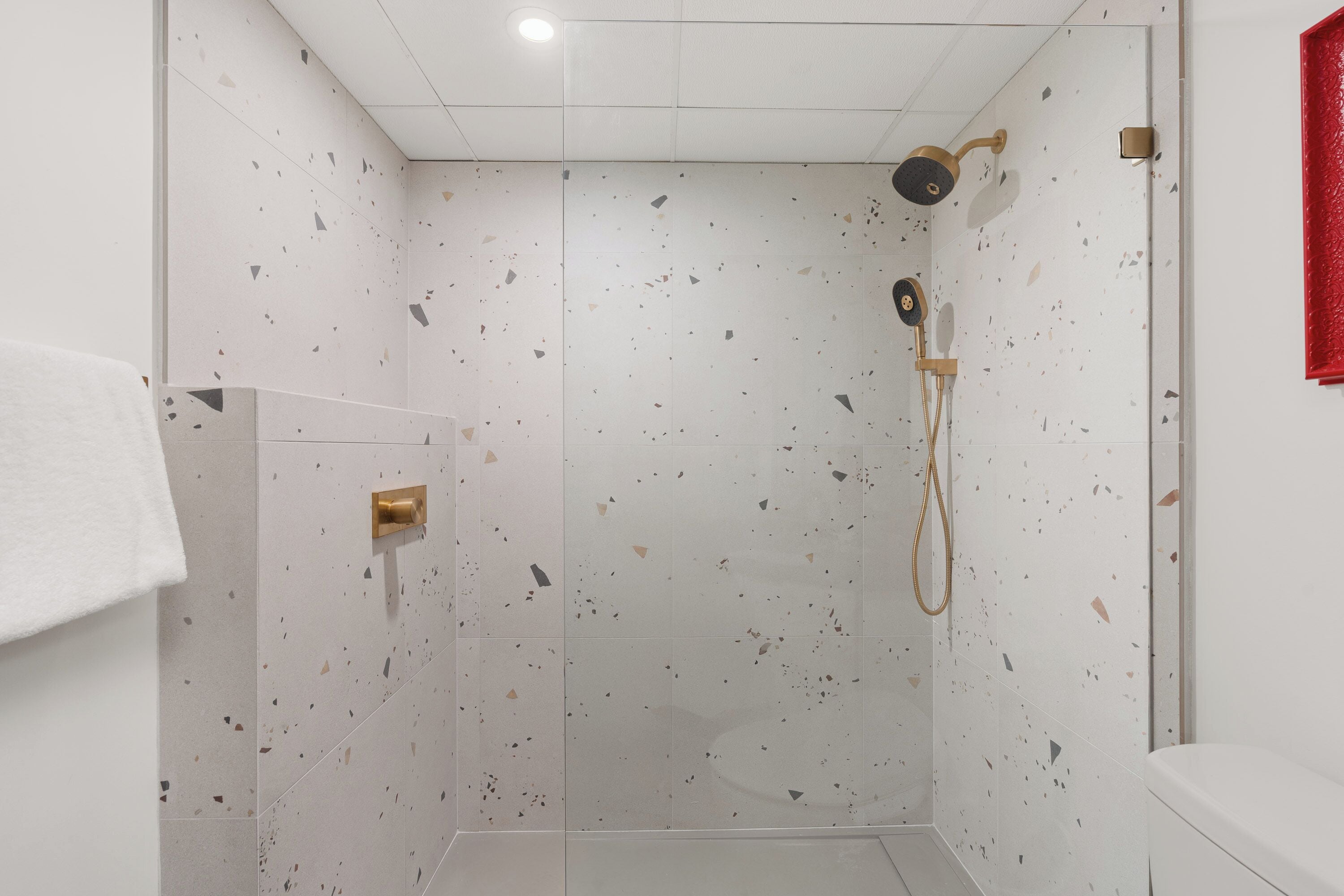 Una ducha con cabezal de ducha de mano y control montado en la pared.