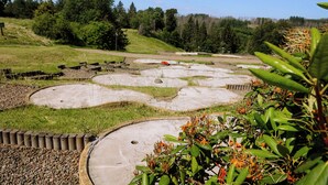 A landscaped area with circular concrete planters and a grassy hill in the background. - Gemütliches Apartment_461, Schwimmbad & Sauna (Braunlage)
