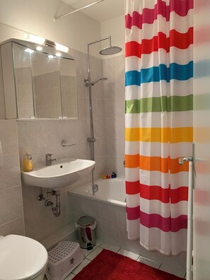 Hair dryer, soap, shampoo, toilet paper