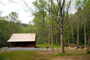 A rustic cabin with a metal roof, surrounded by a forest. There is a fire pit and outdoor seating.