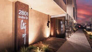 A modern building entrance with a sign reading "2801 India St."