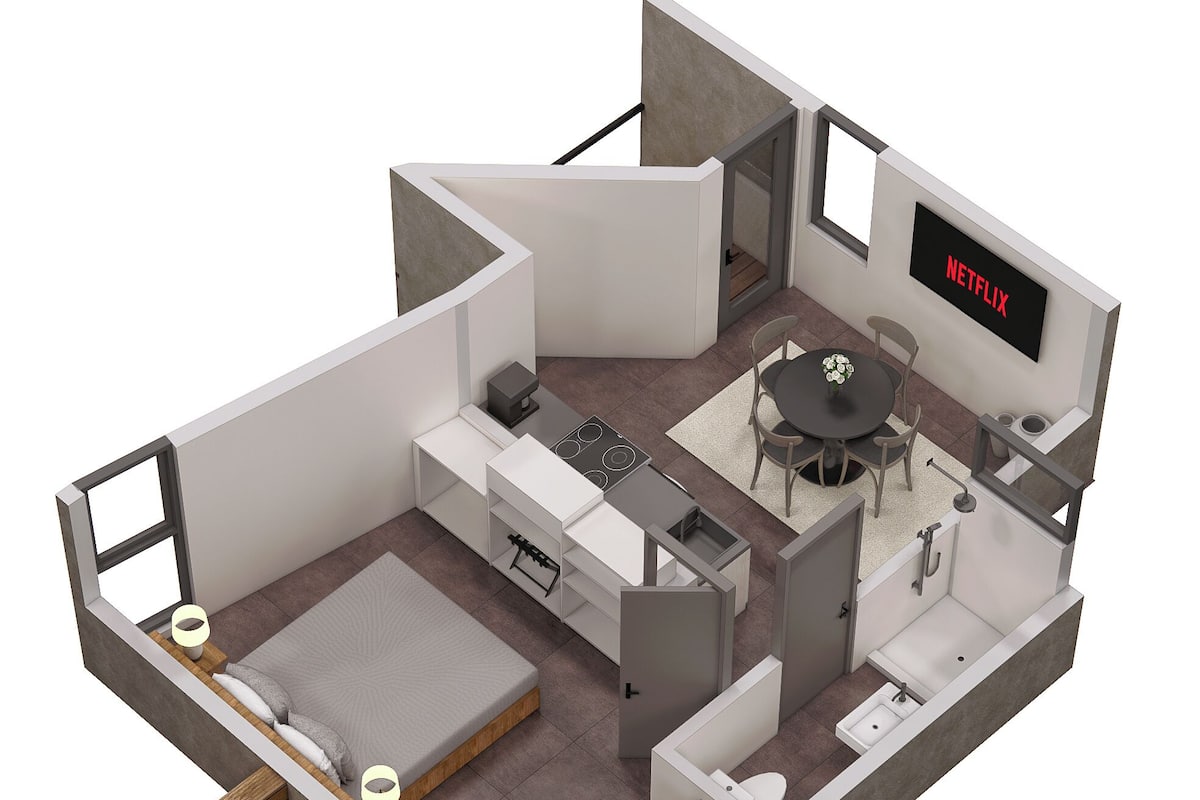 Studio, 1 Tempat Tidur King, dapur | Seprai premium, brankas, setrika/meja setrika, dan Wi-Fi gratis