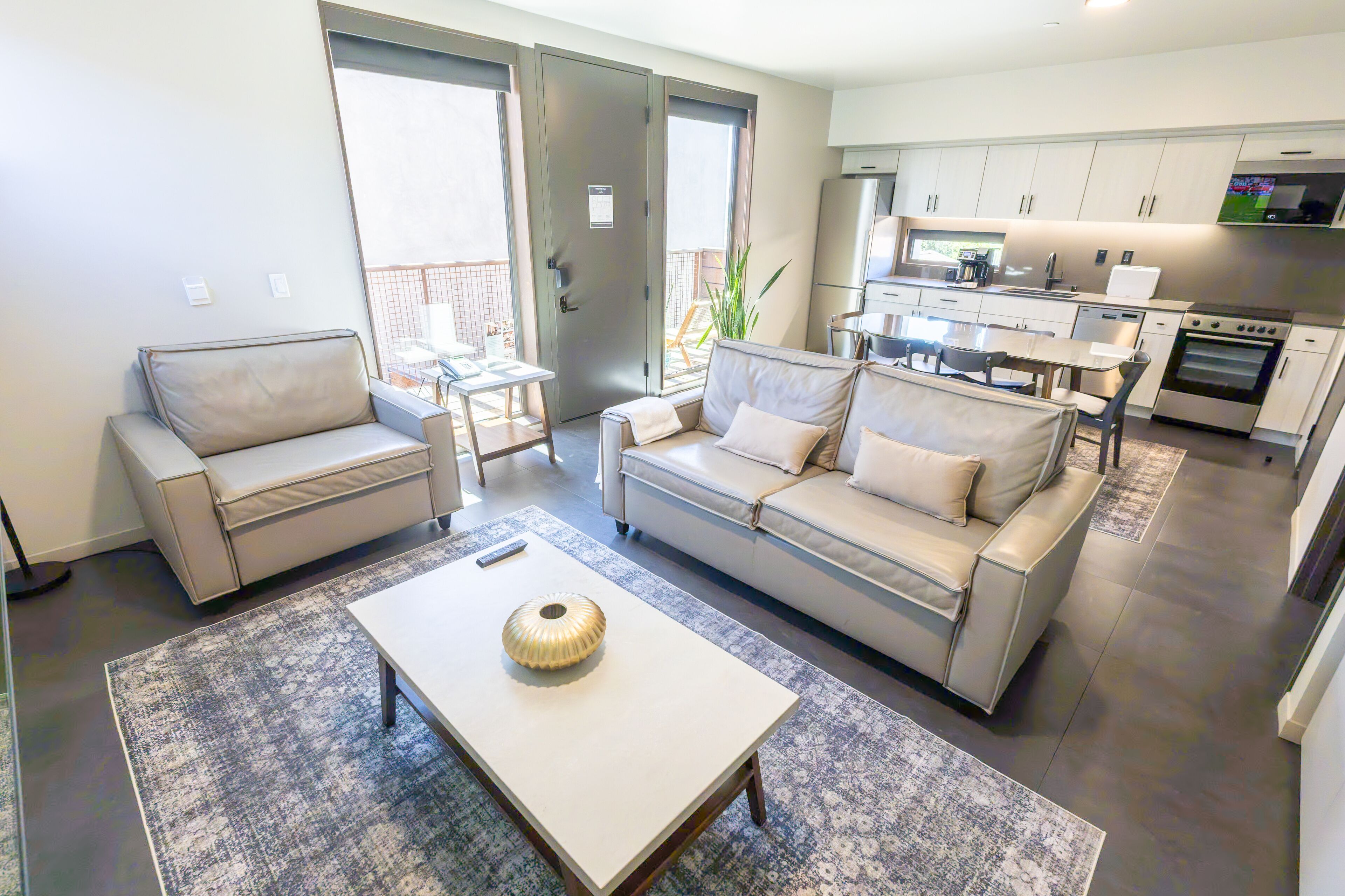 A modern living room with a sofa, a coffee table, and a kitchen area with appliances.