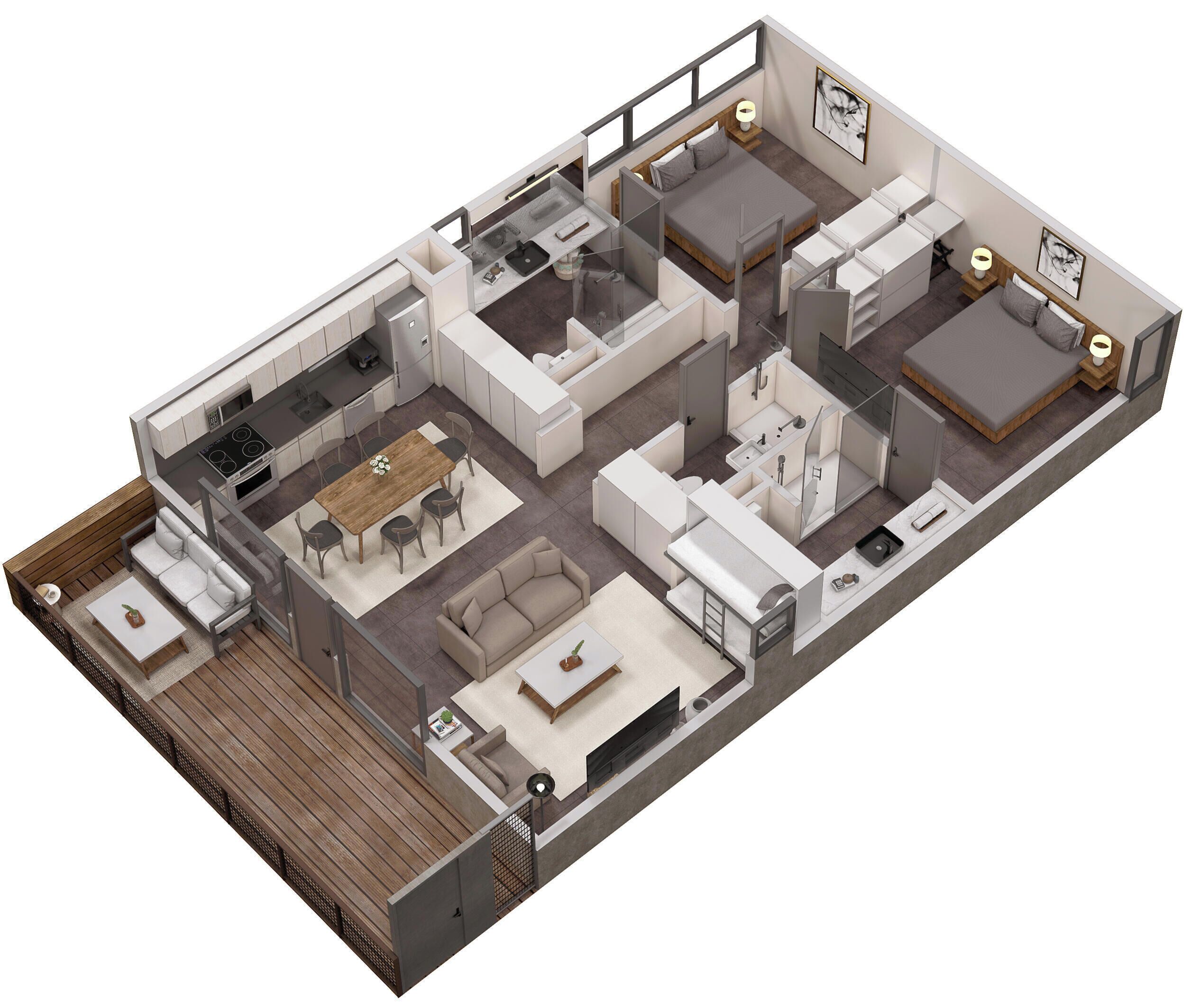 A 3D floor plan of a hotel room with a kitchen, a living area, a balcony, and a bathroom.