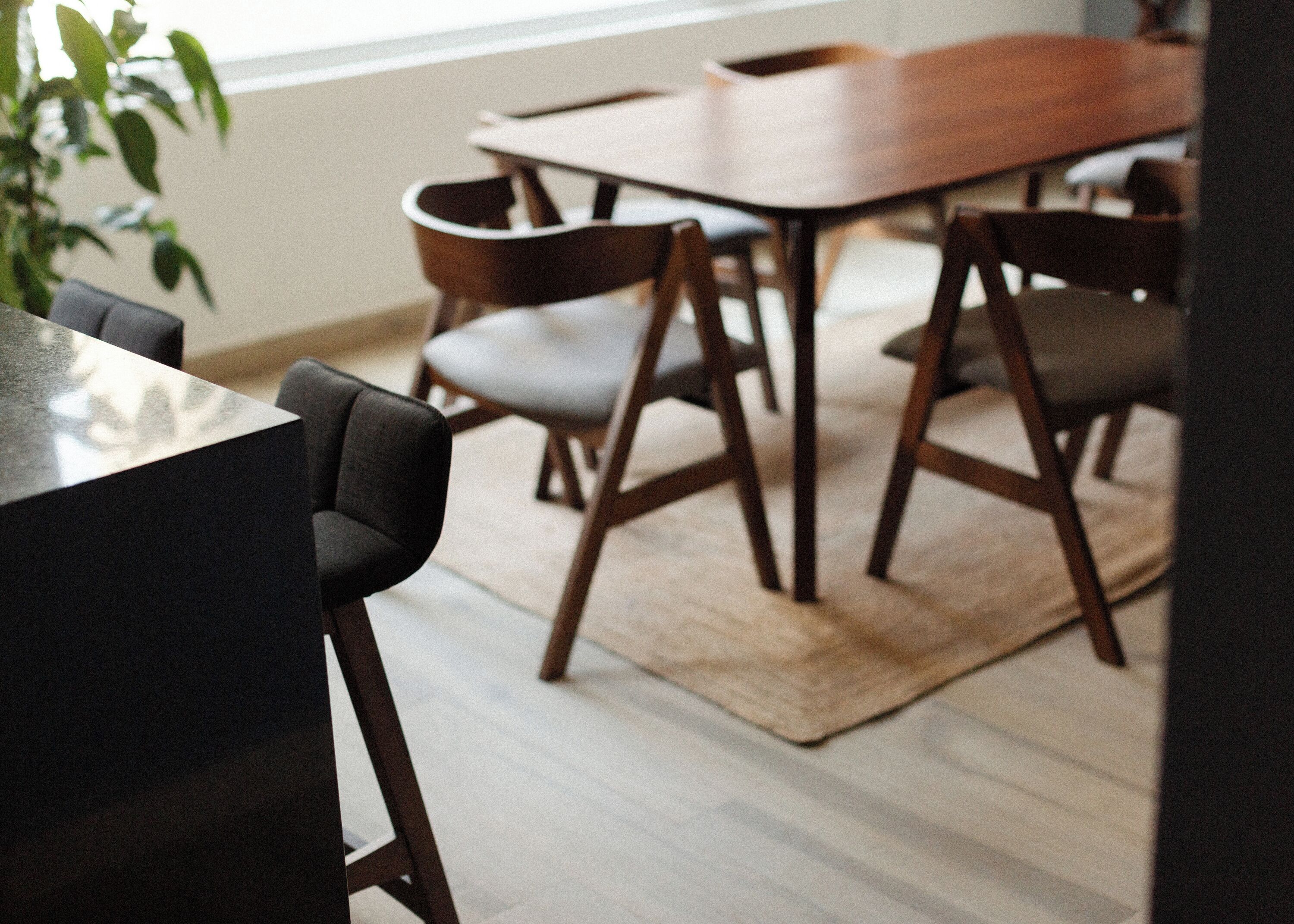 Un coin repas avec une table et des chaises en bois, une plante et un plancher de couleur claire.