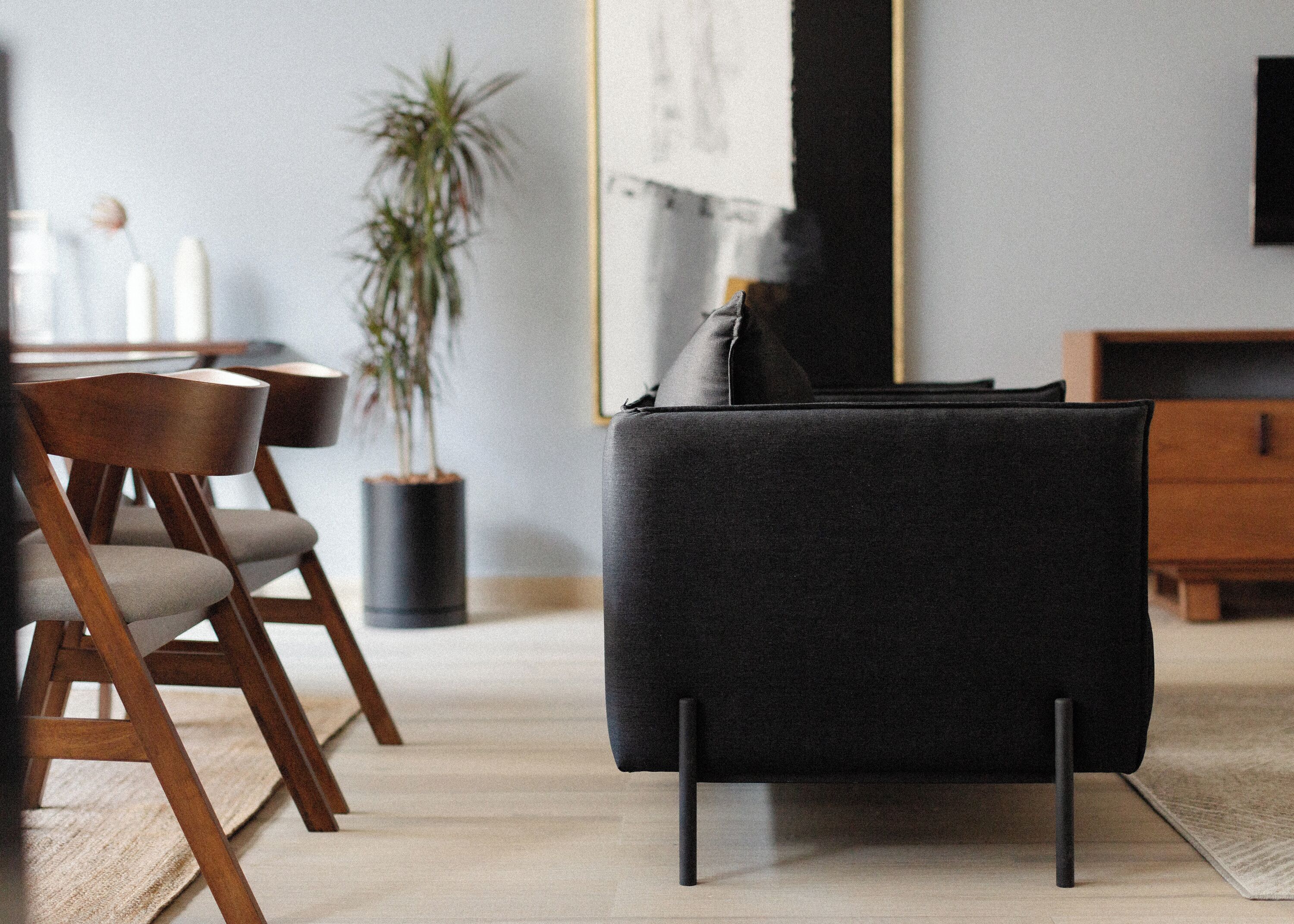 A modern living room with a dark sofa, wooden chairs, a small table, and a potted plant.