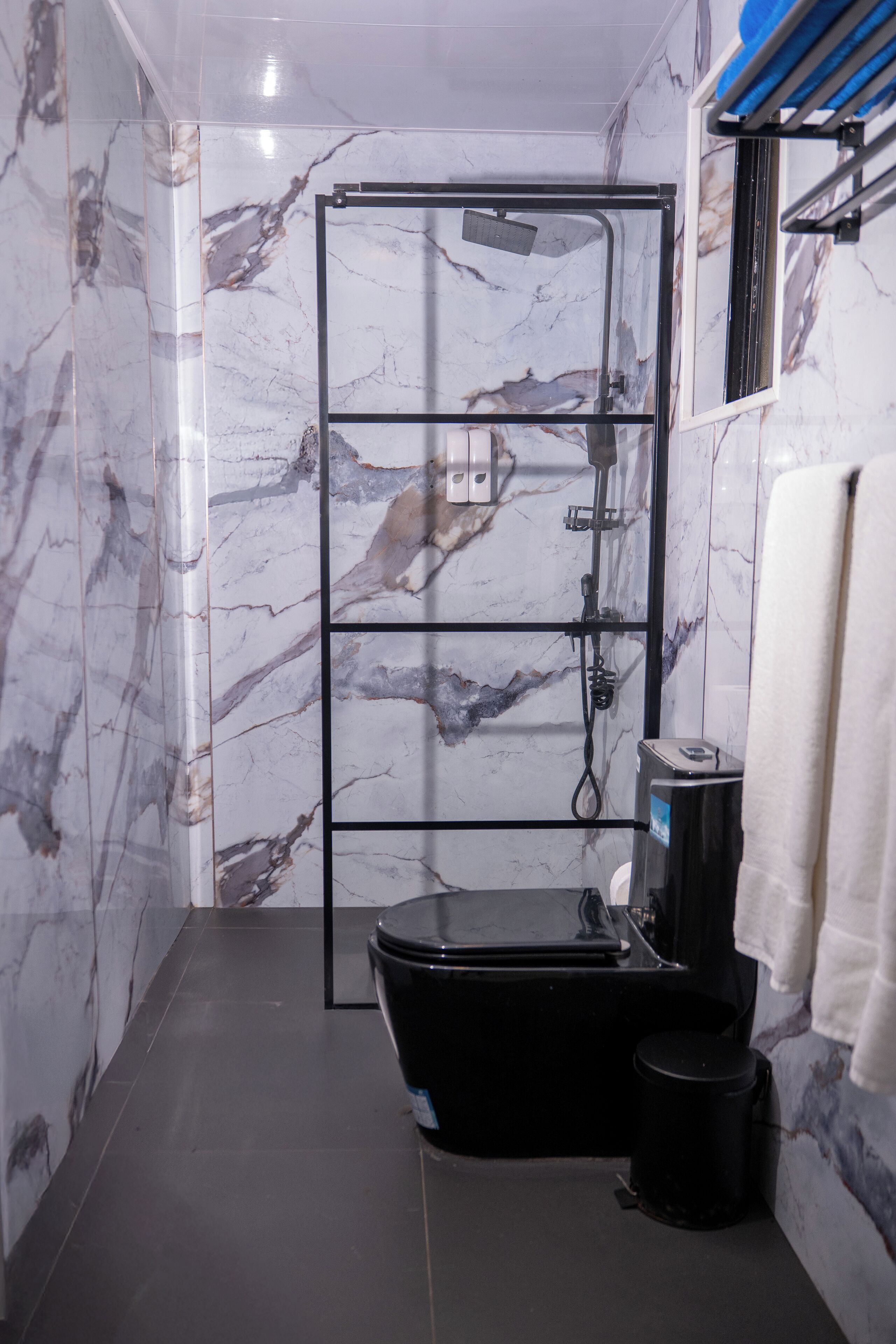A bathroom with a shower enclosure, a toilet, and a sink.