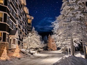 A snow-covered pathway leading to a building with multiple windows and balconies, surrounded by snow-laden trees.