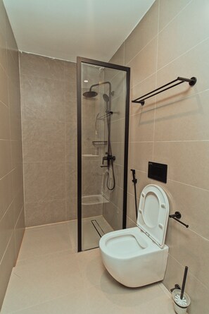 Chuveiro, toalhas de banho, sabonete, papel higiênico