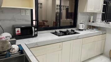 Fridge, microwave, stovetop, electric kettle