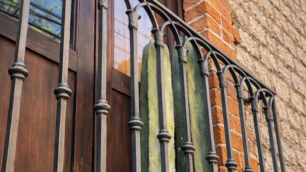 Un balcón con barandilla de hierro forjado y una puerta de madera, frente a un muro de ladrillo.