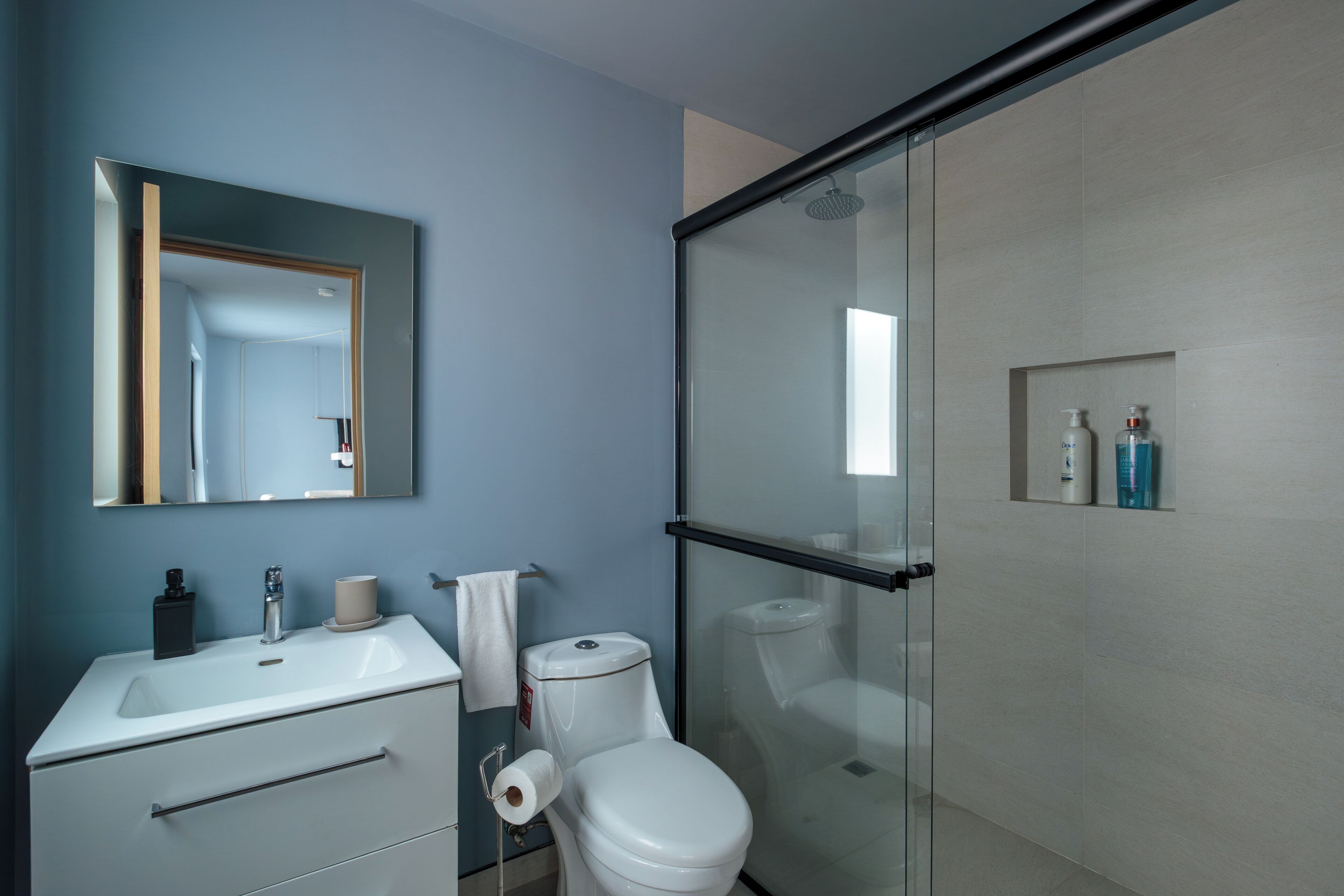 A modern bathroom with a glass shower enclosure, a white sink with a mirror, and toiletries on the wall.