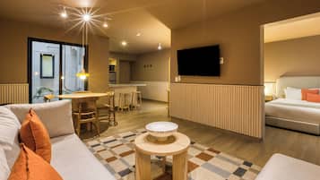 Apartamento conforto, 2 quartos, para não fumantes, cozinha | Área de estar | Smart TV 32 polegadas com canais digitais