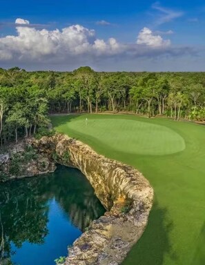 A golf course with a water hazard and dense trees in the background.