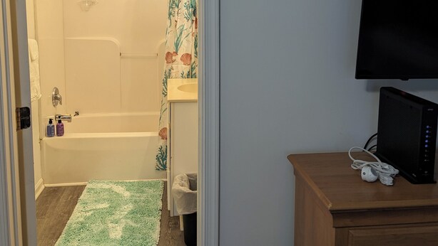 A bathroom with a bathtub, shower curtain, and a green rug. There is a wooden dresser with a TV and a power strip. - New Construction townhome close to everything downtown w/transparent pricing

 (Wilmington)