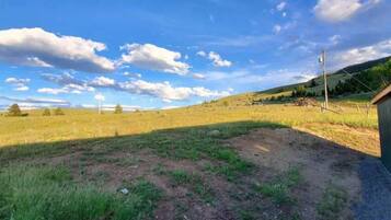 A rural landscape with a dirt path leading to a small building.