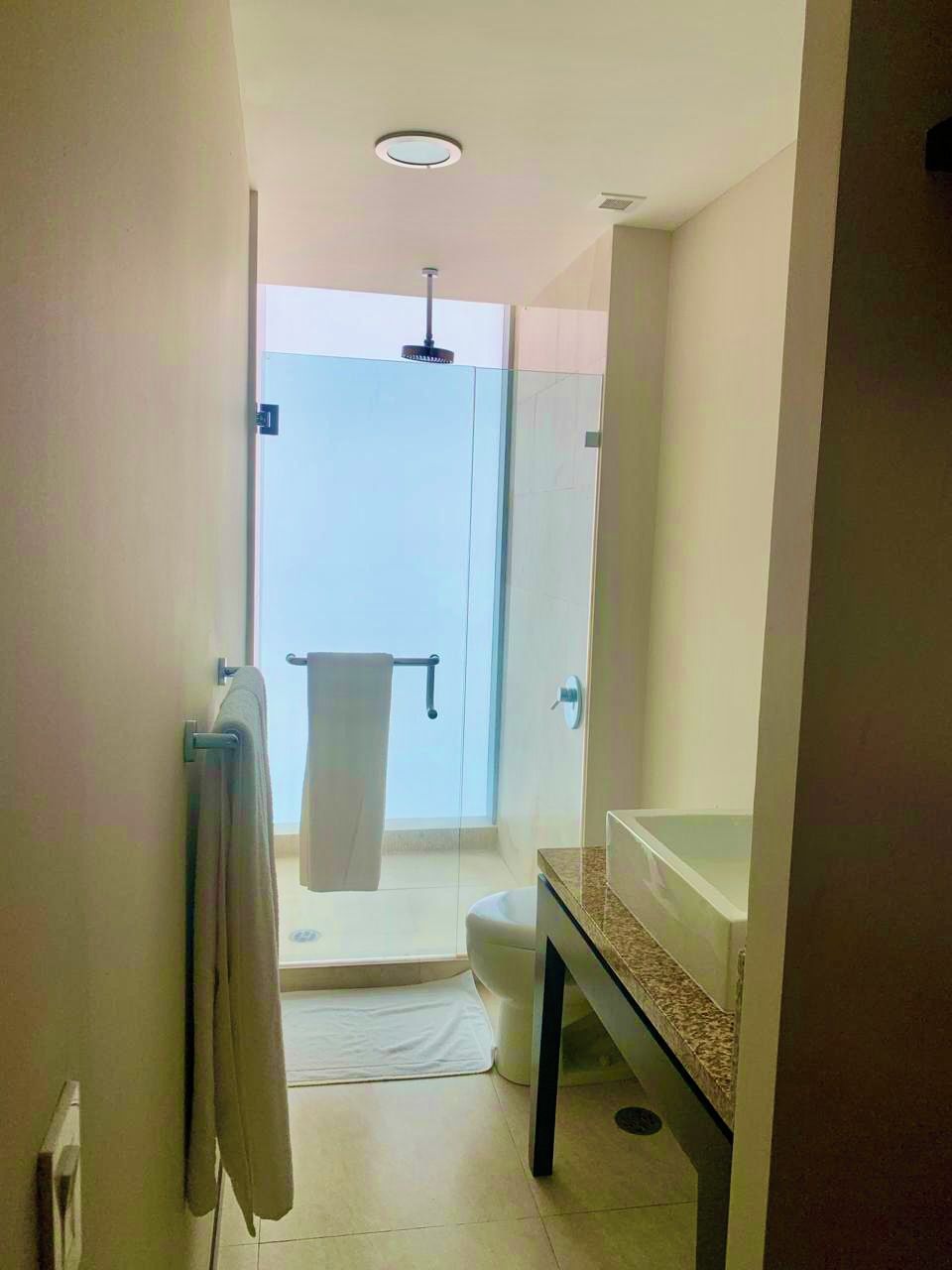 Une salle de bain avec une douche, des toilettes et un lavabo.