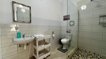 Douche, sĂšche-cheveux, serviettes fournies, papier toilette