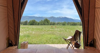 Glamping Near Glacier & Whitefish, 80 Ac, River Access, 360° Mtn Views: Tent C
