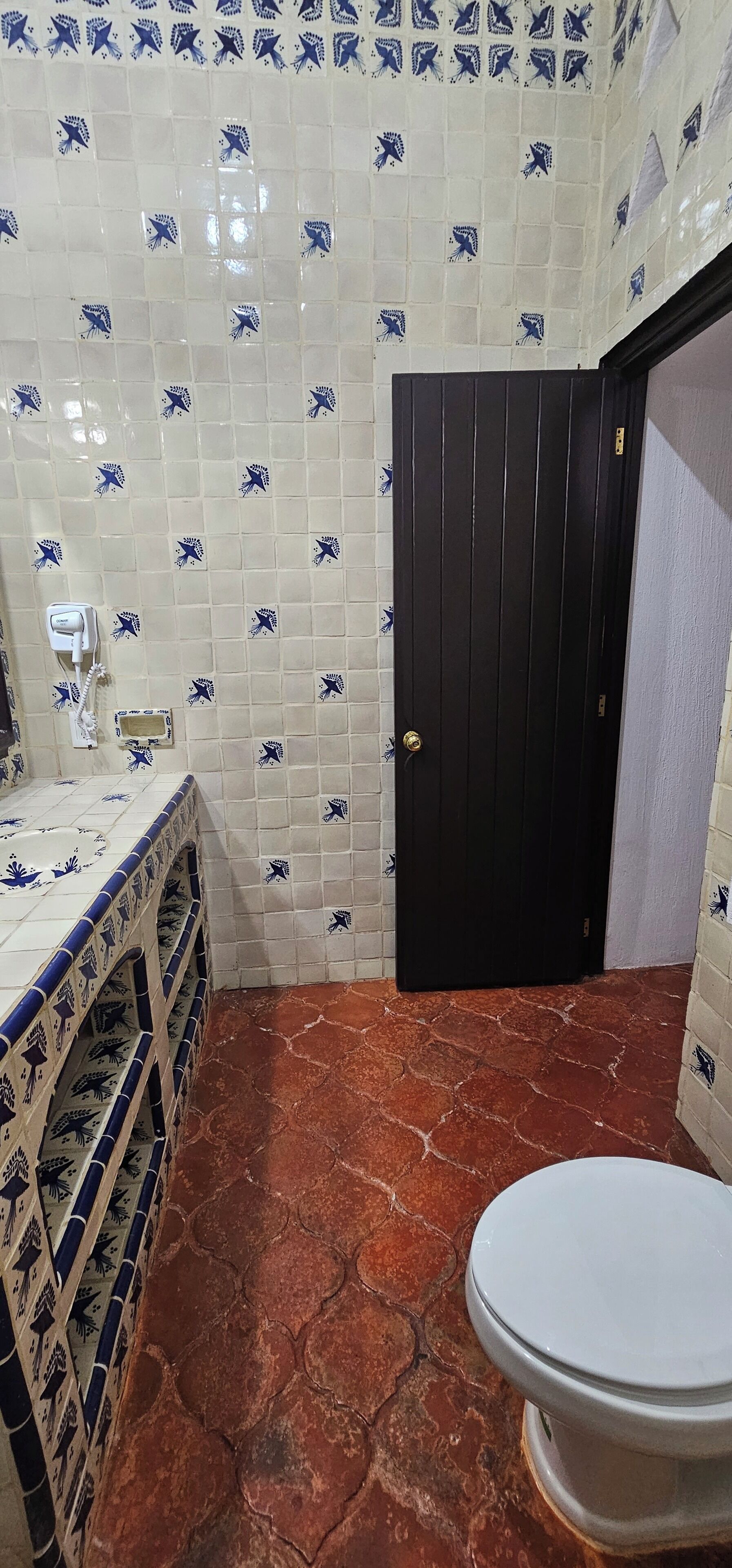 Un baño con pared de azulejos con un diseño azul y blanco, una puerta negra, un inodoro blanco y una zona de lavabo con azulejos.