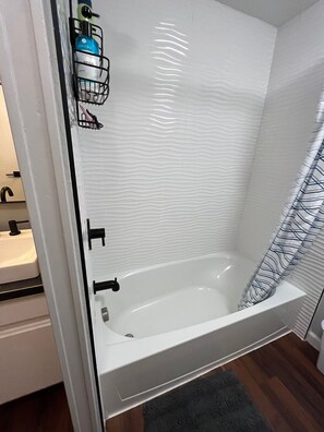 Hair dryer, towels, soap, shampoo