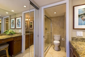 A modern bathroom with a glass shower enclosure, a toilet, and a vanity with a granite countertop.