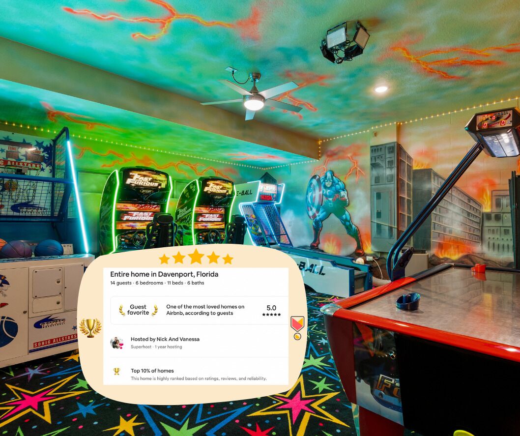 Une salle d’arcade aux couleurs vives, illuminée de néons et remplie de bornes d’arcade.