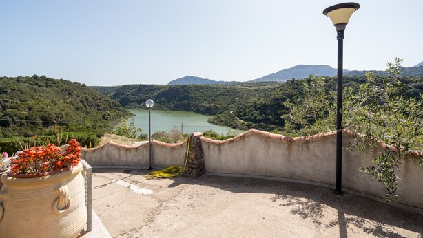 Una terrassa amb vistes a un llac, un fanal i una planta en test.