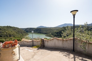 Une terrasse avec vue sur un lac, un lampadaire et une plante en pot.