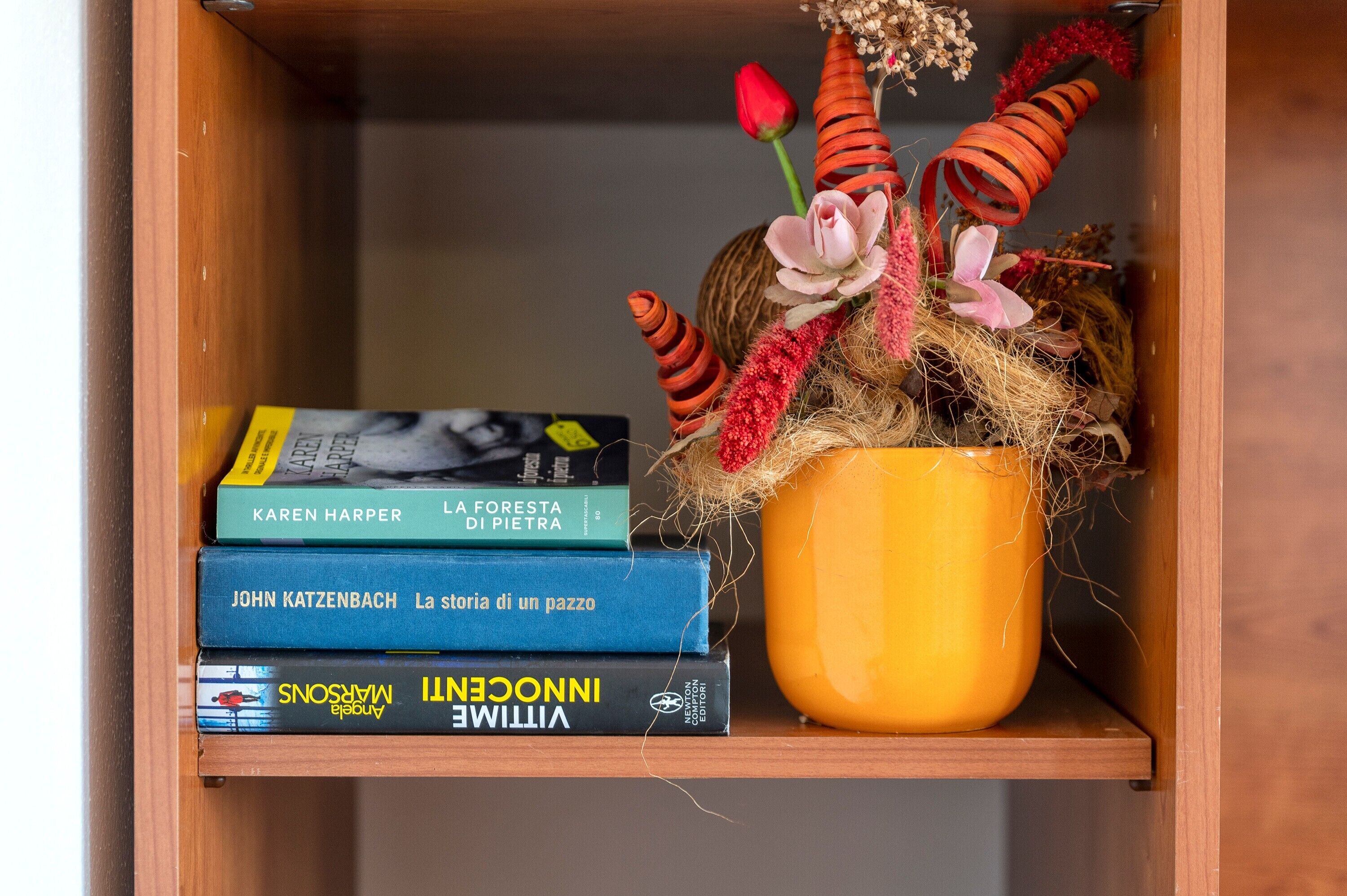 A shelf with books and a potted plant.