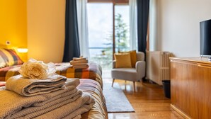 A hotel room with a bed, a chair, a TV, and a view of the outdoors. - Room 'Stanza Miele' with Mountain View, Shared Terrace and Wi-Fi (Montevecchia)