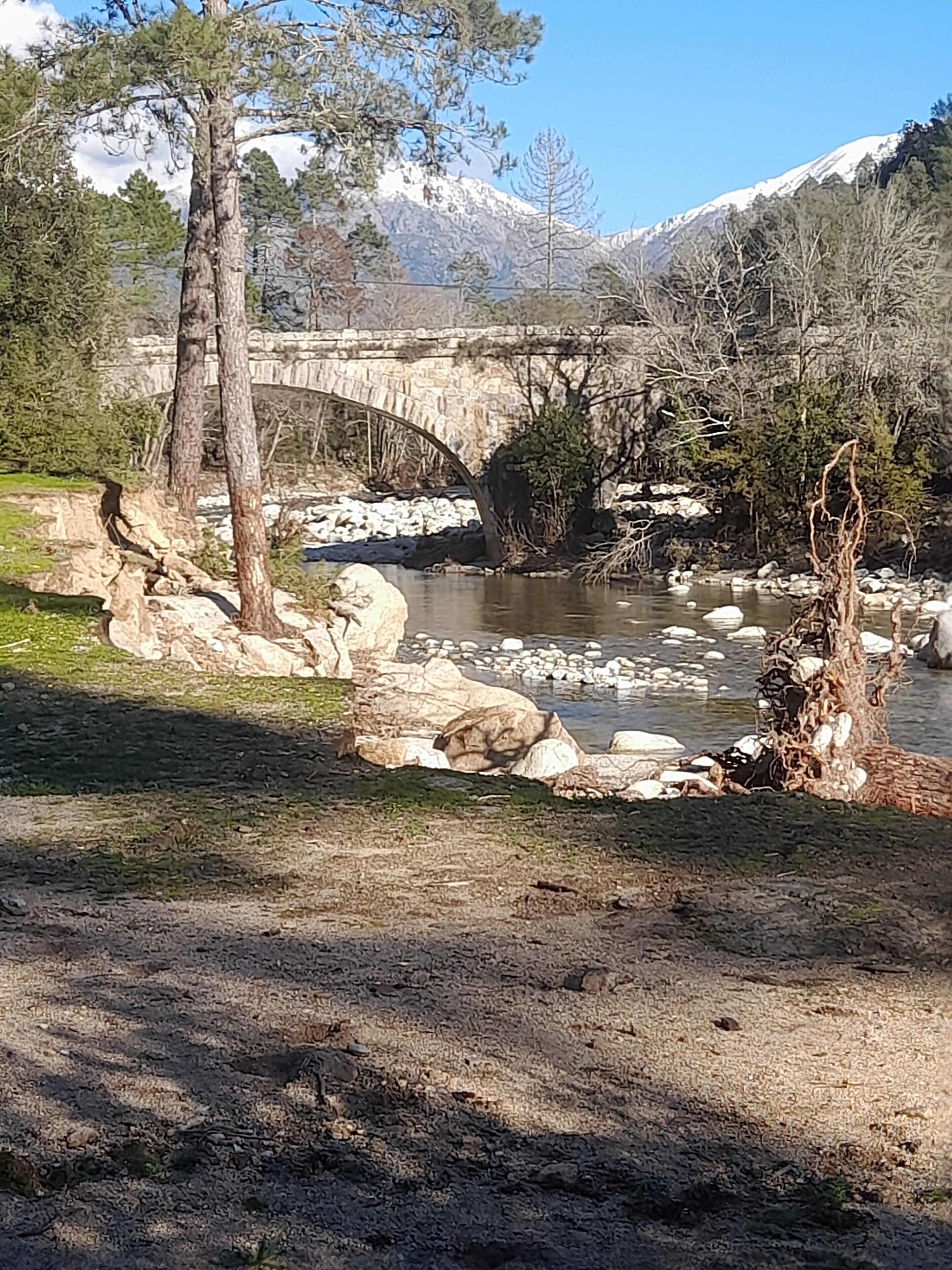 Un pont de pierre enjambant une rivière, avec des arbres et des montagnes en arrière-plan.